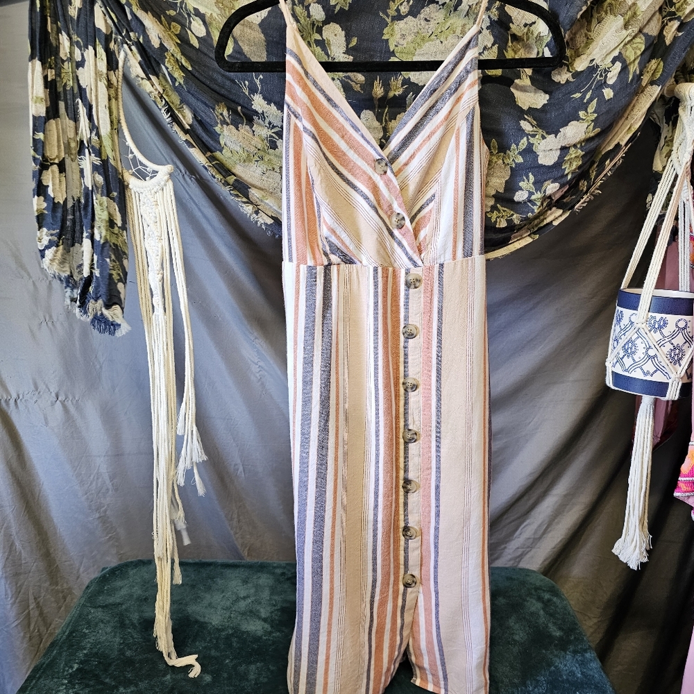 Express | Vertical Stripe Button Down Smocked Cotton & Rayon Dress XXS